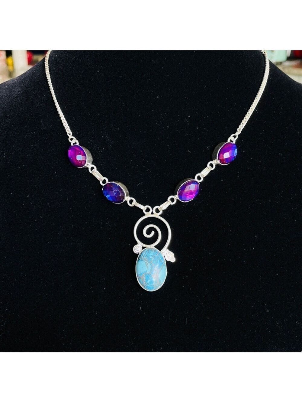 Blue Turquoise & Purple Aurora Borealis Crystals Glass Necklace, Sterlin…